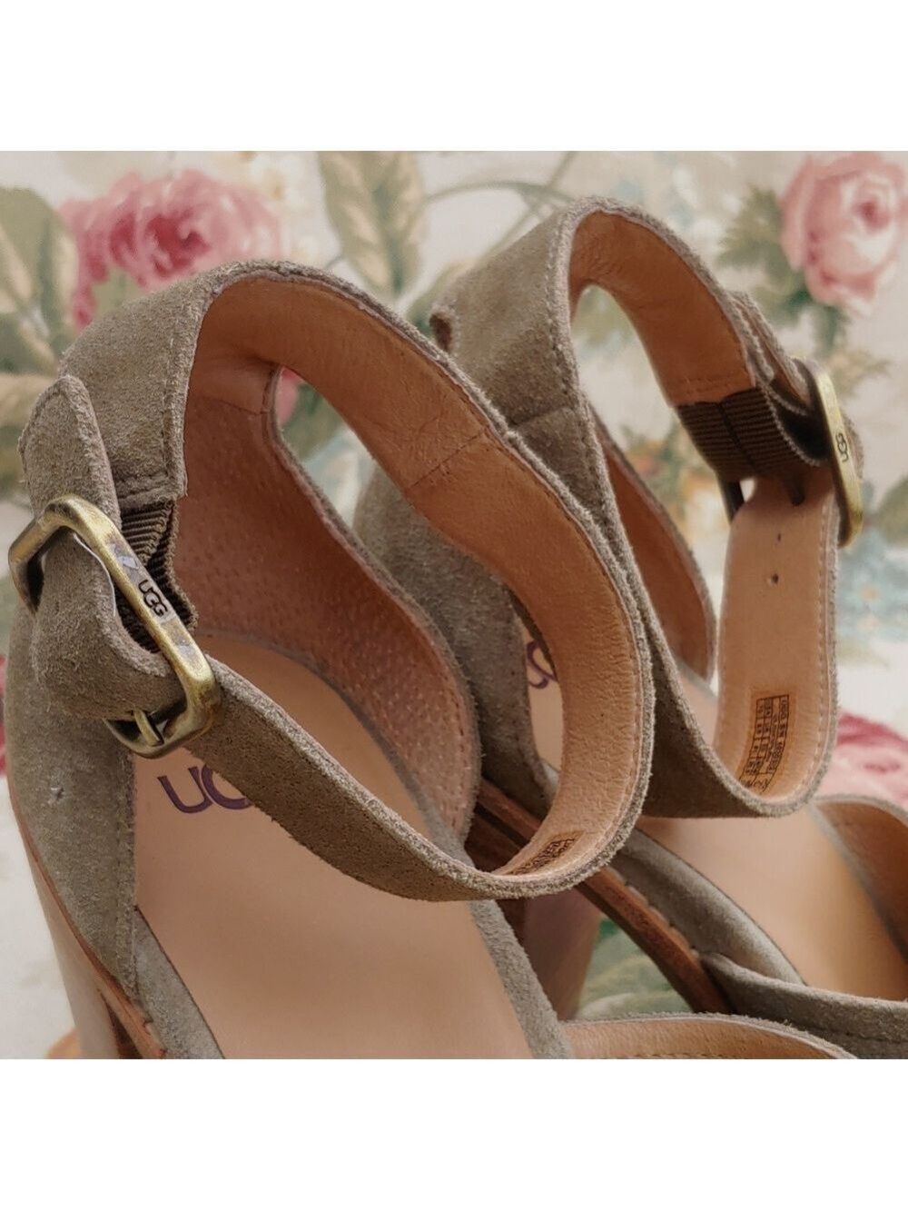 UGG Aja Olive Green Suede Leather Ankle Strap Sandals with Block Heel size 10 - Picture 12 of 17